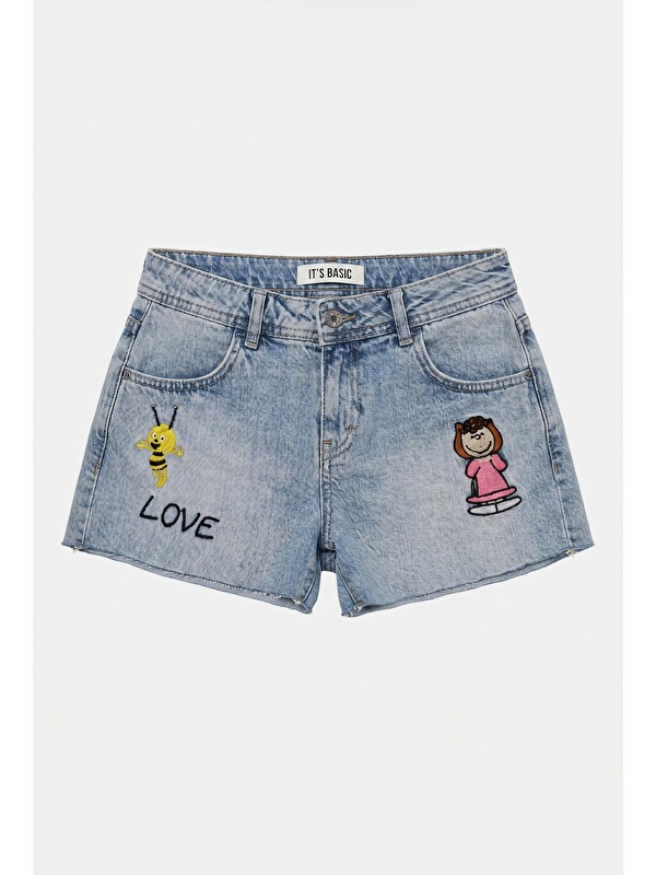 It's Basic Kadın Mavi 4s6-32 Mini Mom Nakış Desenli Tasarım Denim Şort