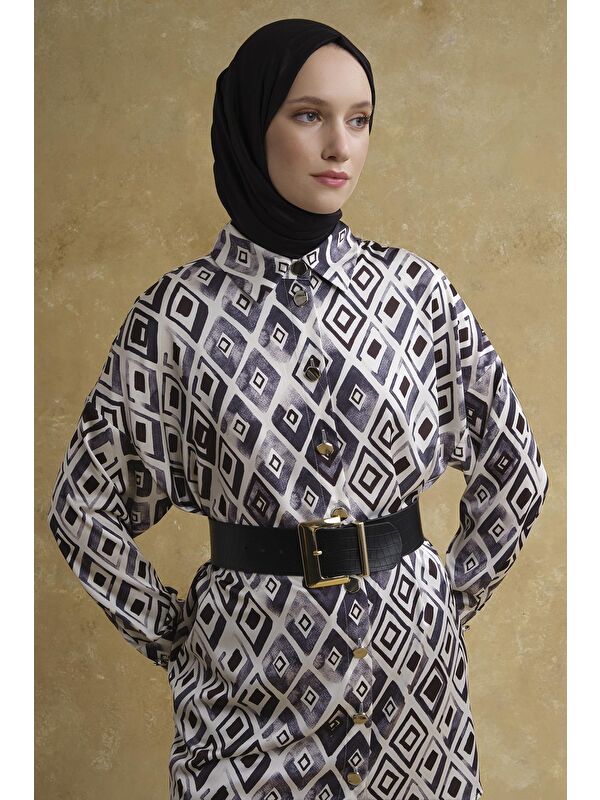 ARMİNE Retro Desenli Saten Tunik Beyaz