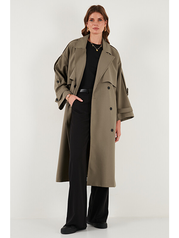 Lela Oversize Fit Kruvaze Yaka Düğmeli Kemerli Uzun Trençkot 6839476