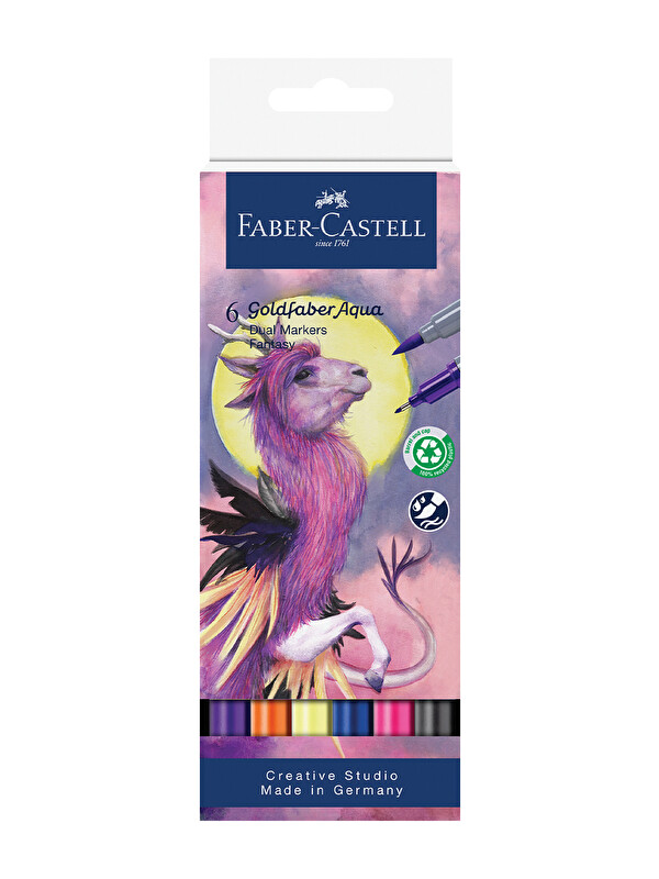Faber-Castell Goldfaber Aqua 6’lı Çift Uçlu Marker Seti,Fantasy Renkleri,Su Bazlı, Fırça ve Fineliner Uçlu