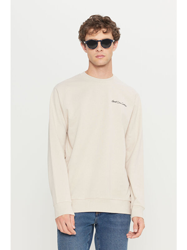 AC&Co / Altınyıldız Classics Erkek Bej 2 İplik Pamuklu Standart Fit Normal Kesim Rahat Bisiklet Yaka Sweatshirt