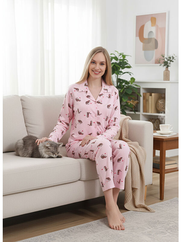 SEBOTEKS Kedi Desenli Önden Düğmeli Uzun Kollu Kadın Pijama Takımı 1043