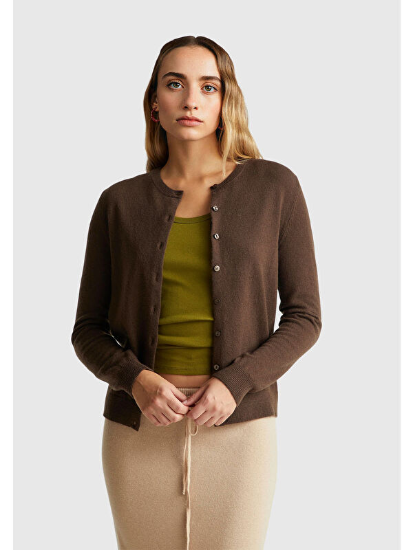 United Colors Of Benetton Kadın Koyu Kahverengi %100 Merino Bisiklet Yaka Hırka