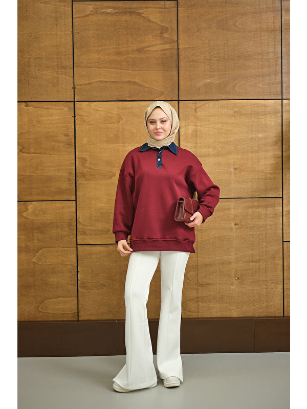 Locco Moda Kadın Yakası Jean Detay Sweat Bordo