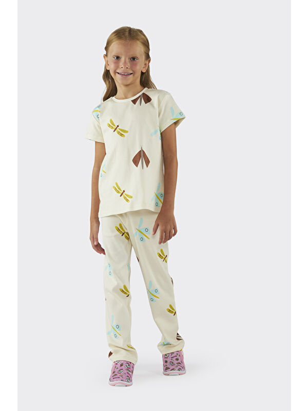 Panço Kız Çocuk Desenli Bej Pijama Takımı