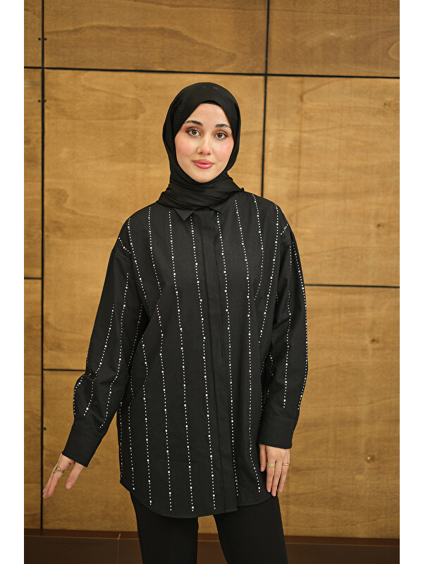 Locco Moda Kadın Gizli Düğmeli Ön taş Detay Regular Poplin Gömlek Siyah