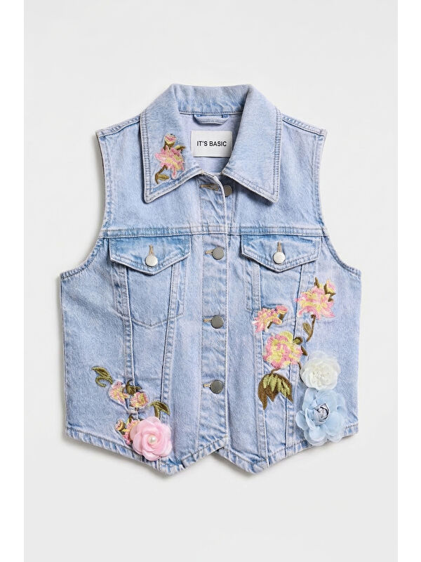 It's Basic Kadın Jean Rengi 3s6-89 Crop Fit Gül ve Nakış Detaylı Özel Tasarım Denim Yelek