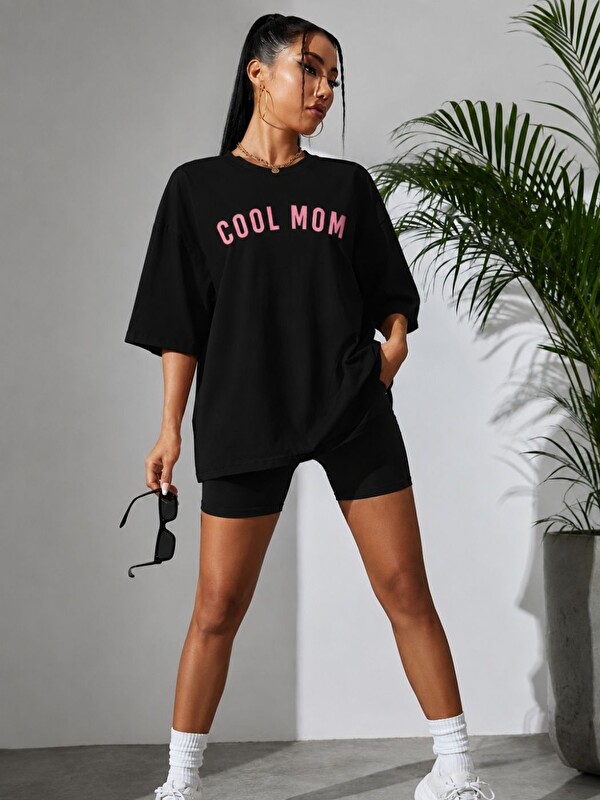 Trendseninle Cool Mom Baskı %100 Organik Pamuk Relaxed Fit Yuvarlak Yaka Tişört Siyah