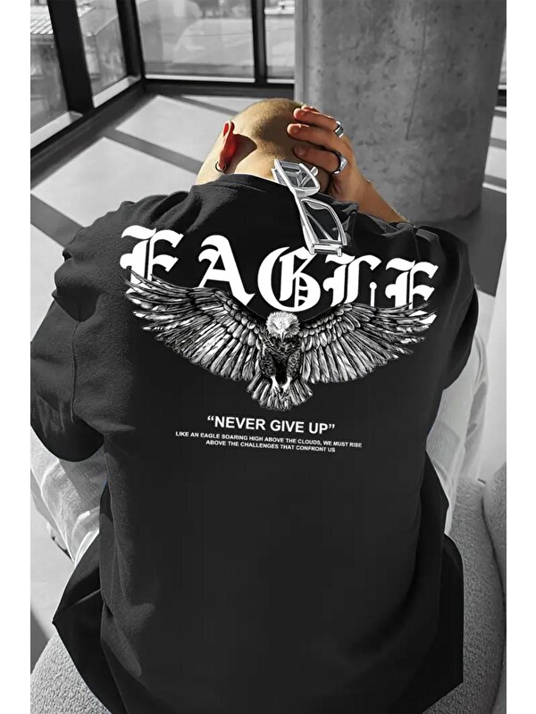 Oksit Eagle Baskılı Bisiklet Yaka Oversize Erkek Tshirt