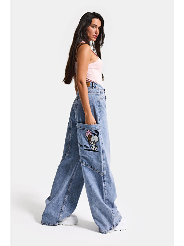 It's Basic Kadın Jean Rengi 4s6-89 Mega Baggy Fit Nakış Detaylı Özel Tasarım Denim Jean