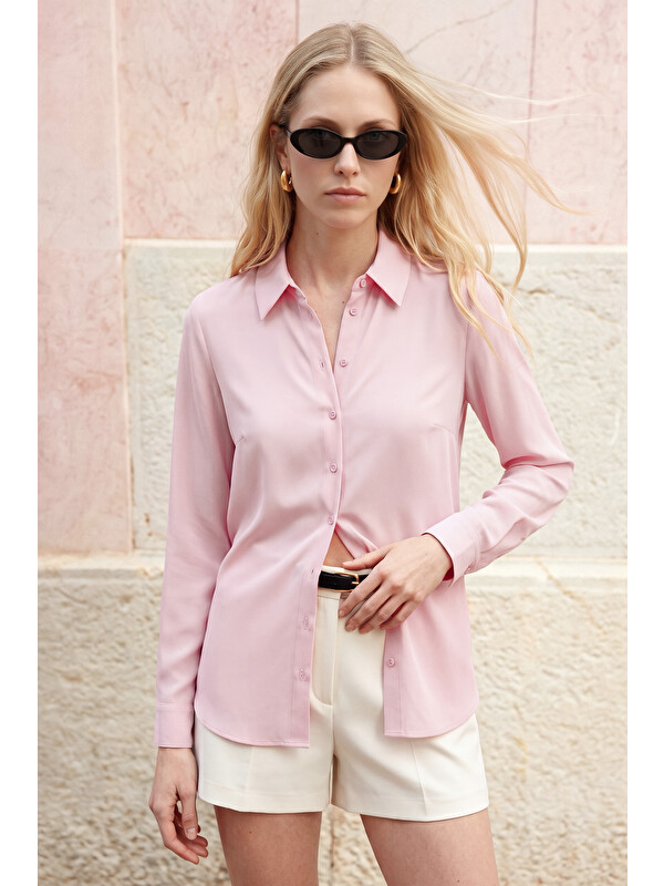 SATEEN Düz Klasik Gömlek - Pembe