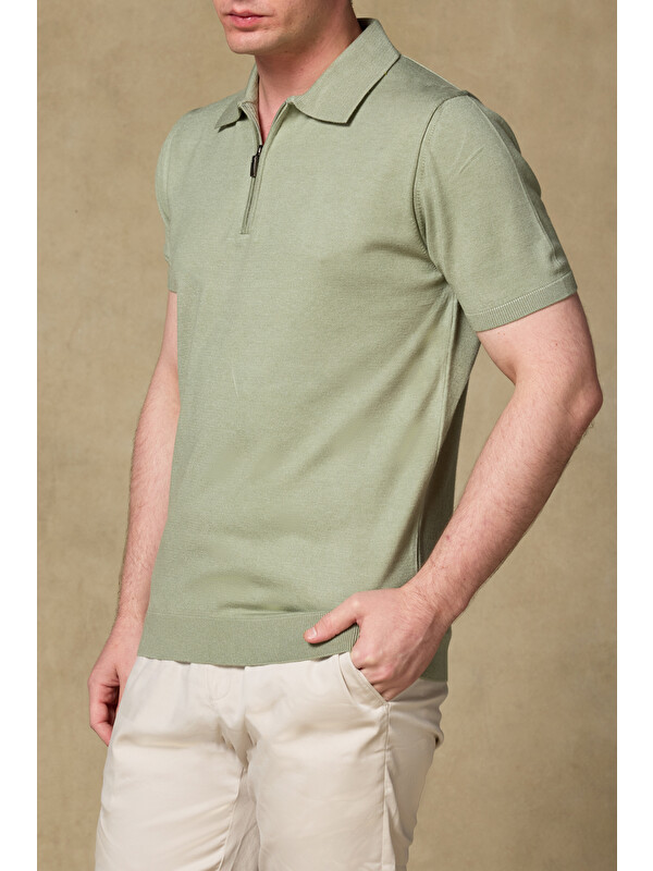 ABBATE Mono Triko Örme Kaşmir Karışımlı Modern Fit Açık Yeşil Polo Yaka Erkek Düz Polo Shirt