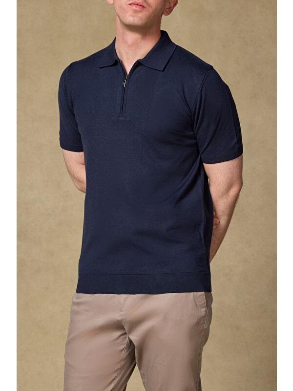 ABBATE Mono Triko Örme Kaşmir Karışımlı Modern Fit Lacivert Polo Yaka Erkek Düz Polo Shirt