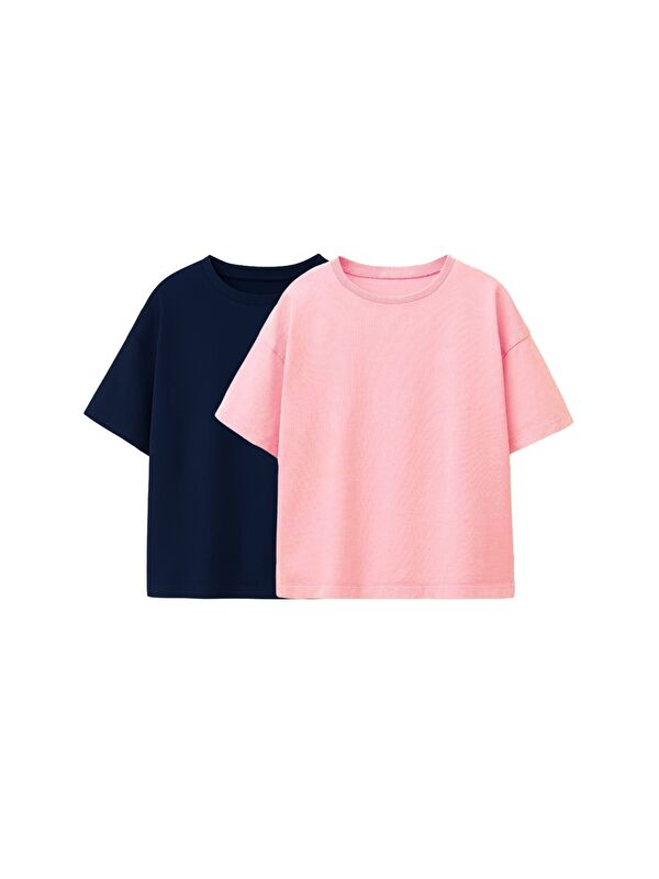 ZUZUNGA Basic 2'Li Kız Çocuk Bisiklet Yaka T-Shirt ( Lacivert - Pembe )