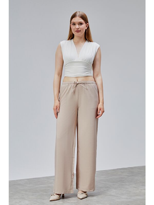 Genius Store Kadın Pantolon Geniş Paça Yüksel Bel Cepli Çizgili Pantolon ÇİZGİLİ-PANTOLON