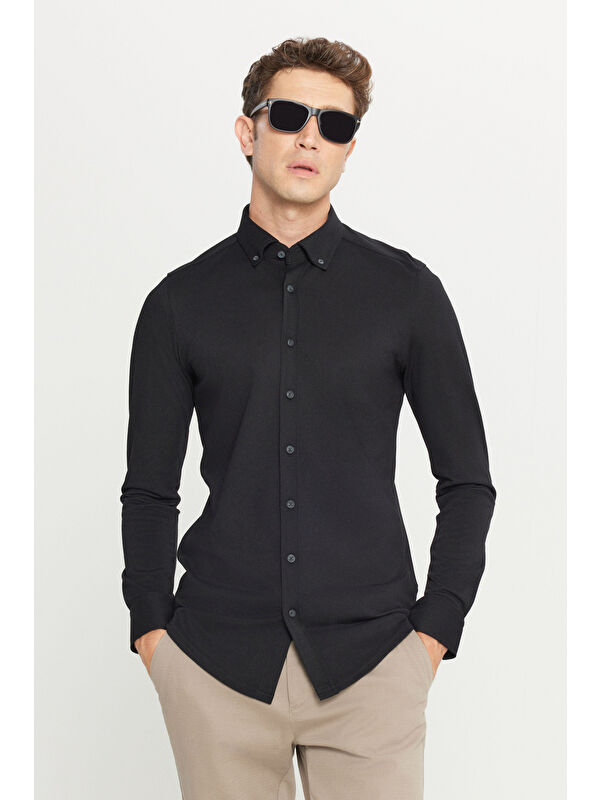 Altınyıldız Classics Erkek Siyah Pamuklu Slim Fit Dar Kesim Düğmeli Yaka Örme Gömlek
