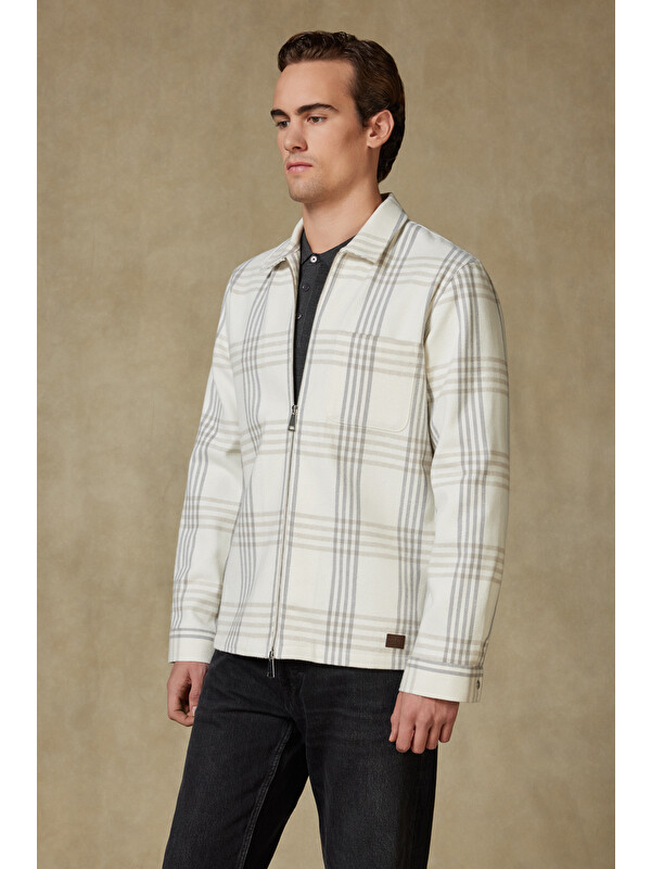 ABBATE Prato Flanel Pamuklu Overshirt Fit Ekru Klasik Yaka Erkek Ekoseli Gömlek Ceket