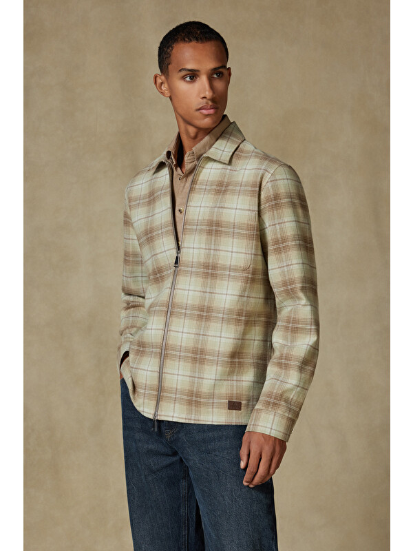 ABBATE Prato Flanel Pamuklu Overshirt Fit Yeşil Klasik Yaka Erkek Ekoseli Gömlek Ceket