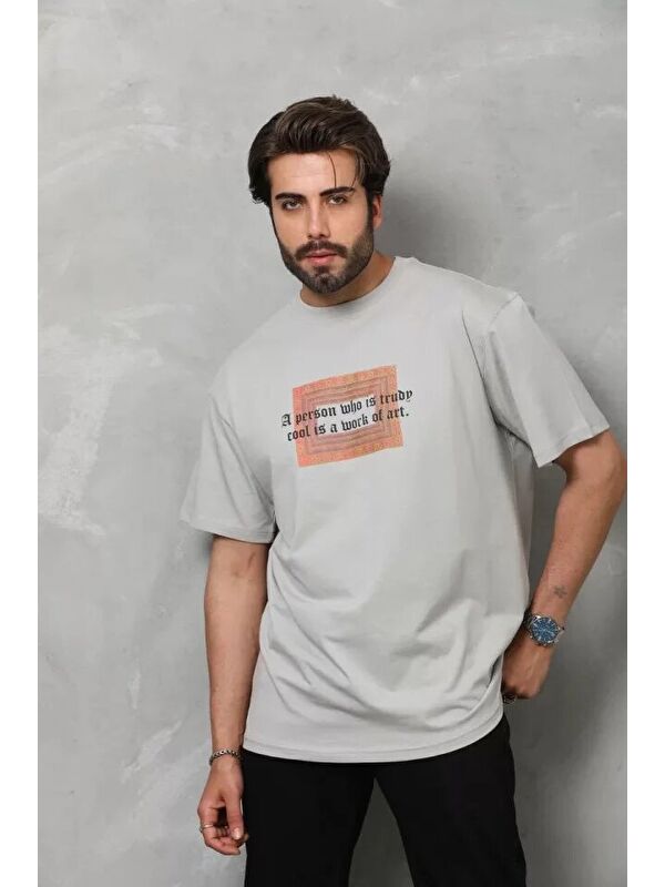Jane's Unisex Bisiklet Yaka Baskılı Oversize T-Shirt - Gri