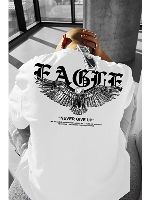 Oksit Eagle Baskılı Bisiklet Yaka Oversize Erkek Tshirt