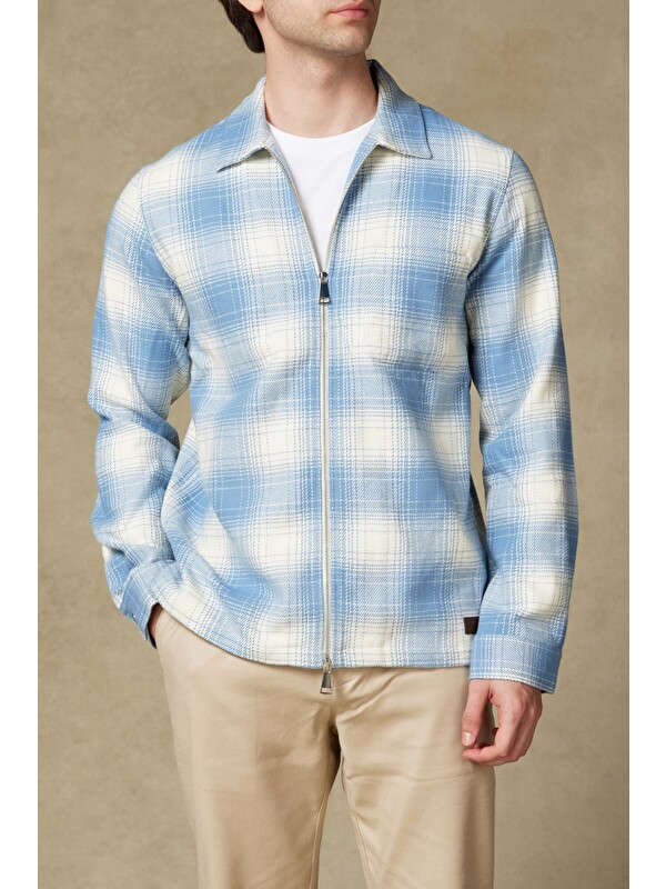 ABBATE Prato Flanel Pamuklu Overshirt Fit Mavi Klasik Yaka Erkek Ekoseli Gömlek Ceket