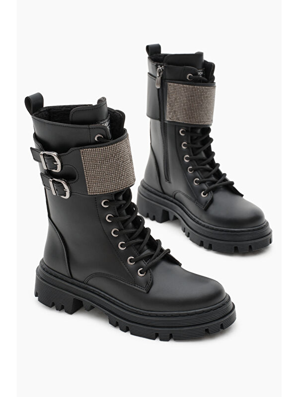 Tonny Black Siyah Tonny Black Cilt Termo Kadın Taban Yanı Çift Tokalı Taşlı Bağcıklı ve Fermuarlı Bot