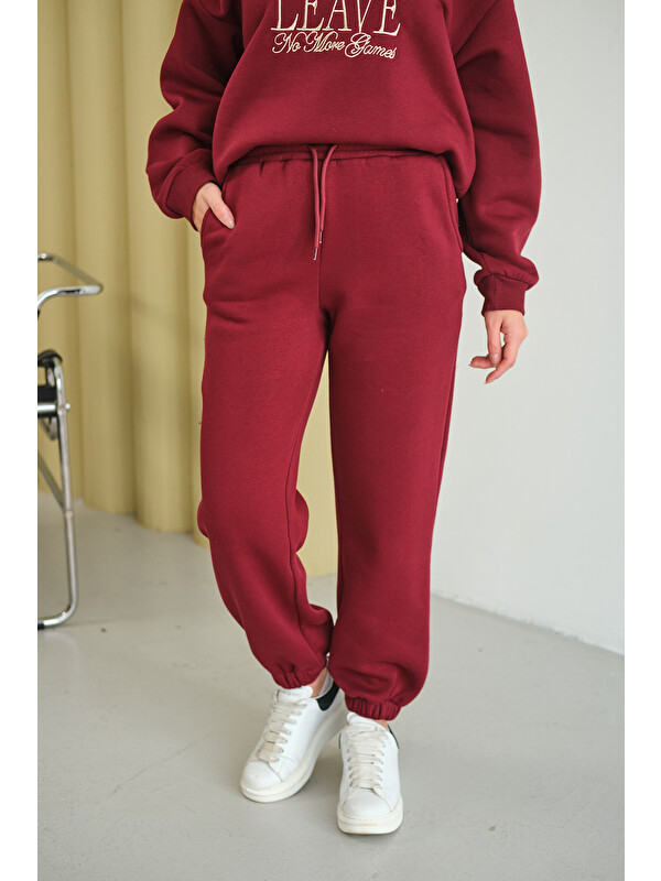 Locco Moda Kadın Beli Lastikli Eşofman Bordo