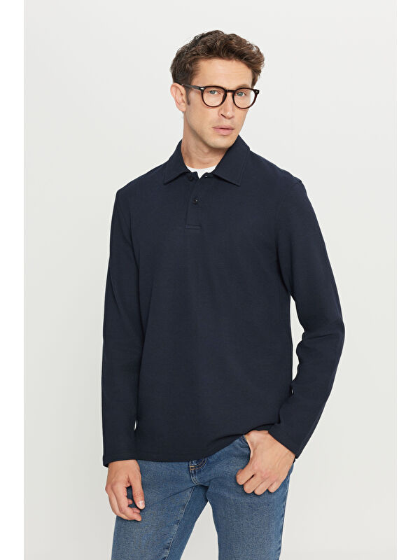 Altınyıldız Classics Erkek Lacivert Pamuklu Slim Fit Dar Kesim Polo Yaka Uzun Kollu Jakarlı Esnek Tişört