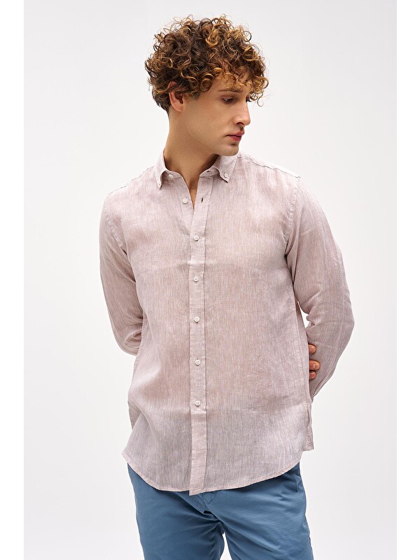 igs Bej Dynamic Fit Düğmeli Yaka Düz Uzun Kollu Cepsiz %100 Keten Gömlek