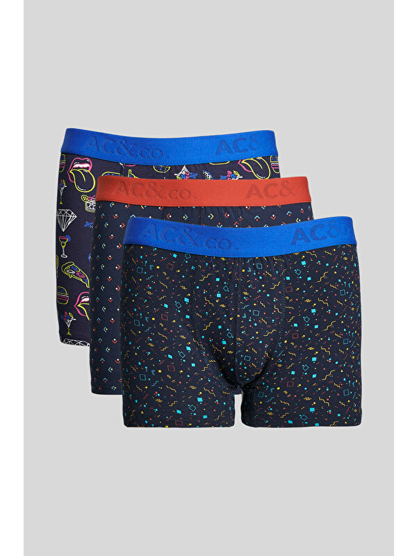 AC&Co / Altınyıldız Classics Erkek Lacivert-Saks Premium Pamuklu 3'lü Paket Desenli Boxer