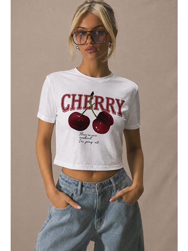Tarz Cool Kadın Cherry Baskılı Crop Tişört Relax Kalıp Bisiklet Yaka %100 Pamuk Süprem Kısa Kollu T-Shirt
