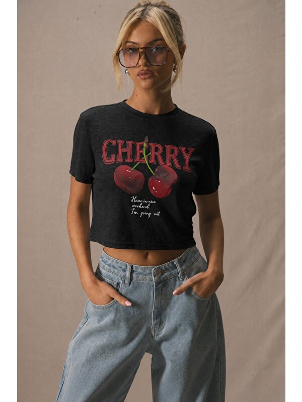 Tarz Cool Kadın Cherry Kiraz Baskılı Crop Tişört Bisiklet Yaka Kısa Kollu %100 Pamuk