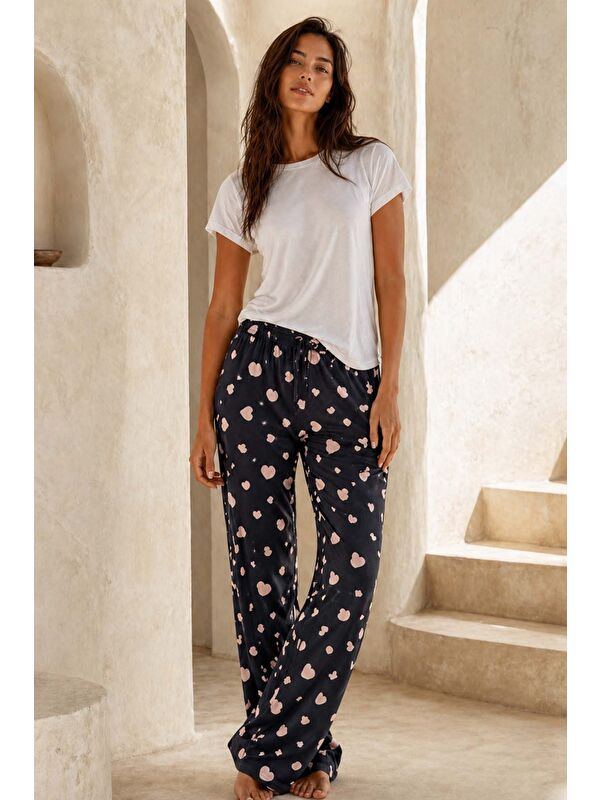 Remsa Büyük Beden Kadın Viskon Kumaş Pembe Kalp Desen Penye Battal Tek Pijama Alt 18 Siyah03