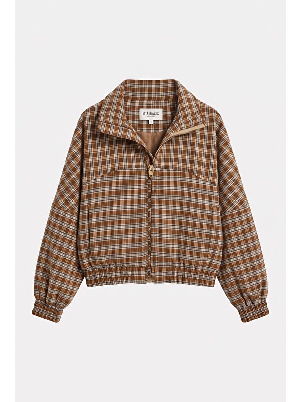 It's Basic Kadın Kahve Ekose w6-32 Oversize Kemer Boy Tasarım Ceket