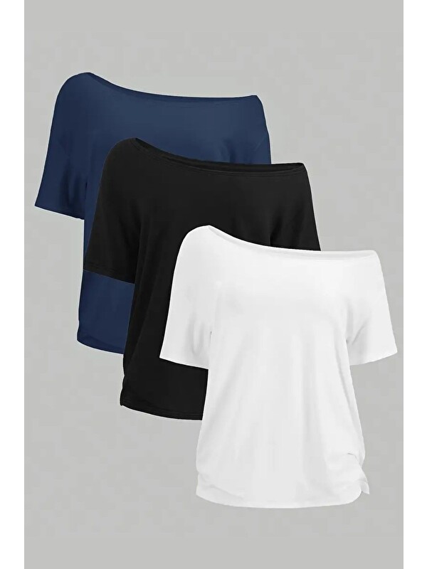 Tarz Cool Lacivert Beyaz Siyah 3lü paket Kadın Düşük Omuz Kayık Yaka Oversize T-Shirt