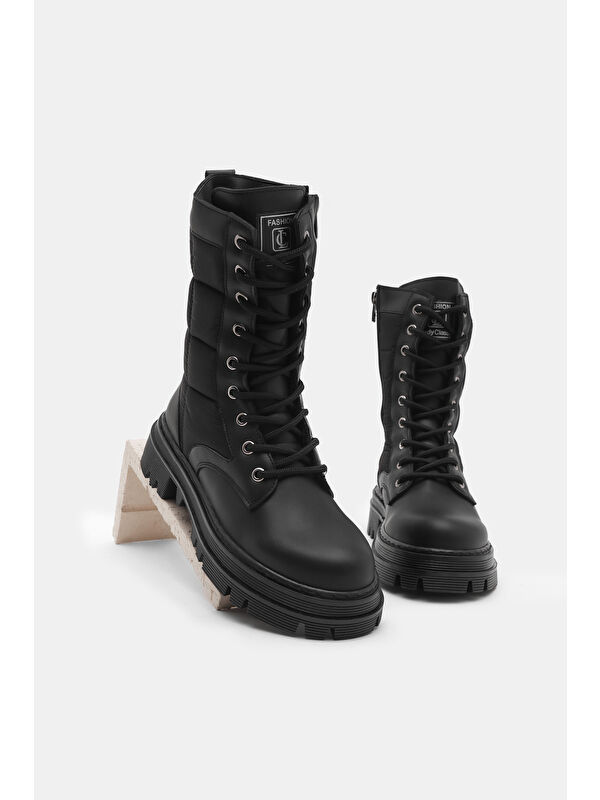 Tonny Black Siyah Tonny Black Cilt Termo Kadın Taban Nakışlı Karo Desenli Bağcıklı ve Fermuarlı Bot