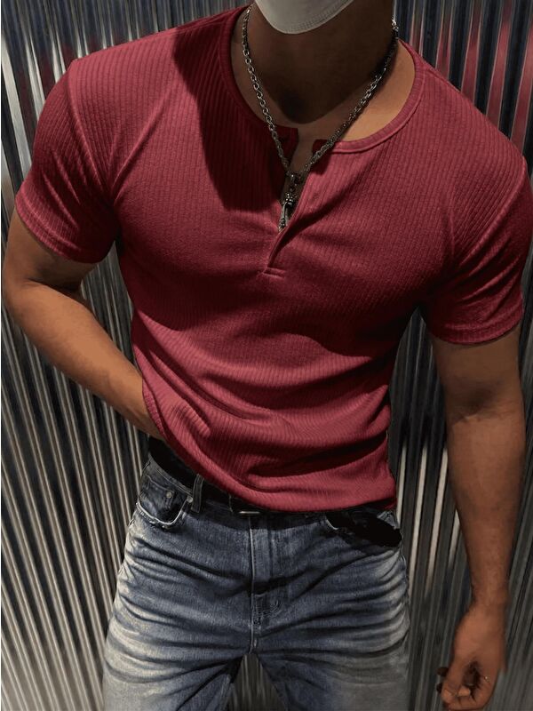 Oksit San Loe Erkek Slim Fit Elastanlı Henley Yaka Kısa Kollu Tişört - Düğmeli Esnek Kumaş