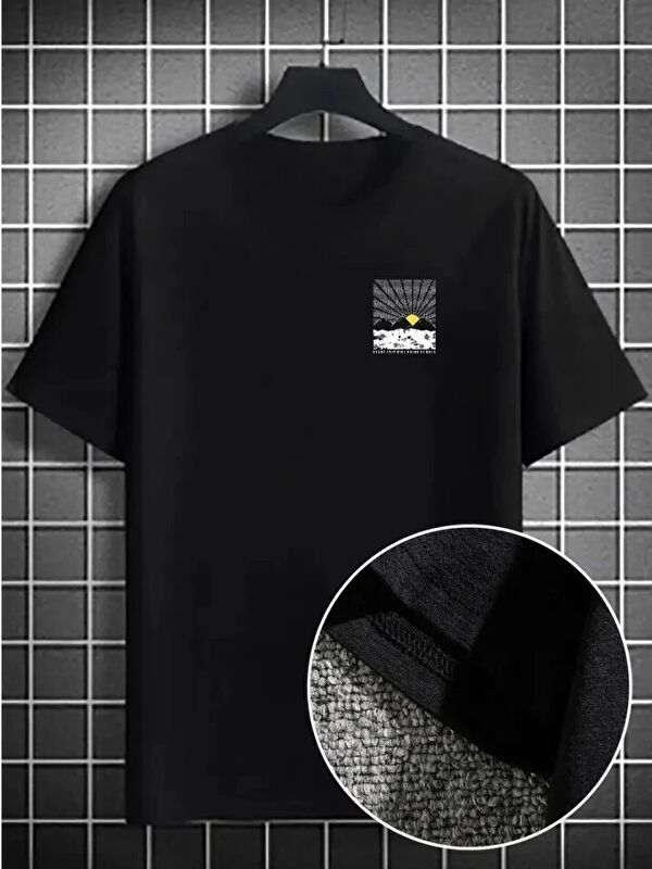 Jane's Erkek Dağ Grafikli Tişört, Yaz Için Büyük Beden Rahat T-shirt - Siyah