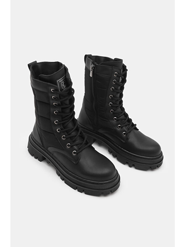 Tonny Black Siyah Tonny Black Cilt Termo Kadın Taban Nakışlı Karo Desenli Bağcıklı ve Fermuarlı Bot