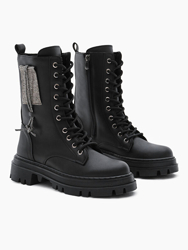 Tonny Black Siyah Tonny Black Cilt Termo Kadın Taban Yanı Taşlı Bağcıklı ve Fermuarlı Bot