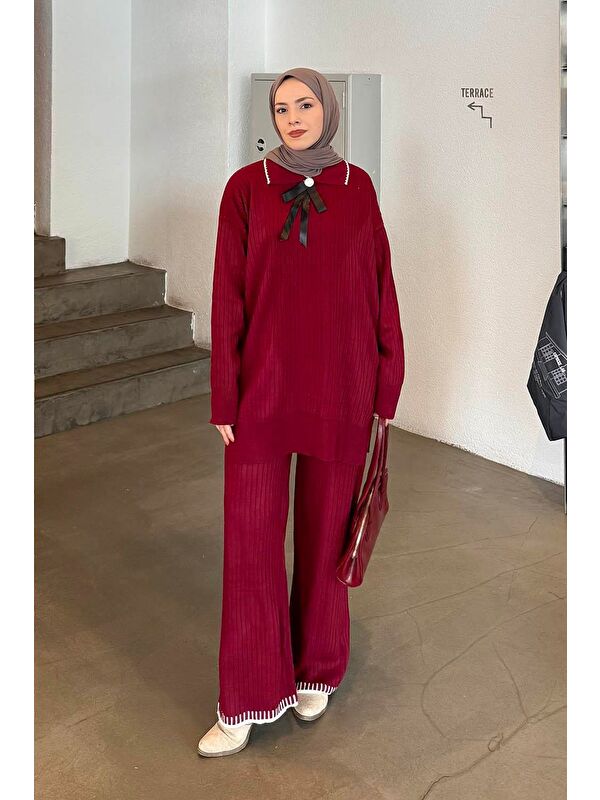 Lamelif Kurdela Detaylı Triko Takım Bordo