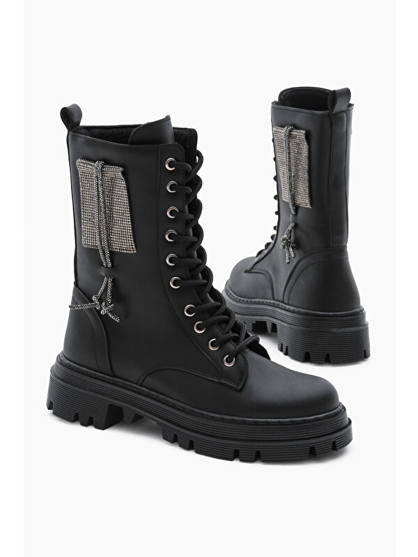 Tonny Black Siyah Tonny Black Cilt Termo Kadın Taban Yanı Taşlı Bağcıklı ve Fermuarlı Bot