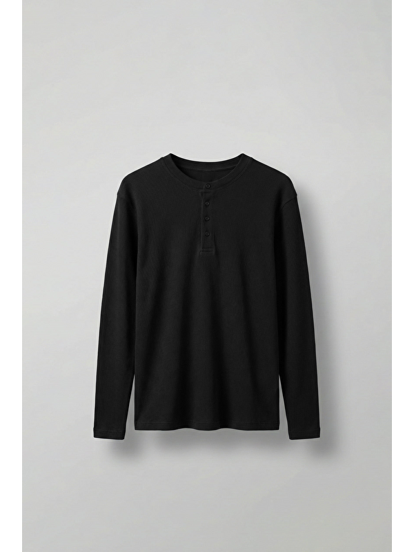 Abluka Online Erkek Oversize Düğmeli Basic Uzun Kollu T-Shirt Siyah