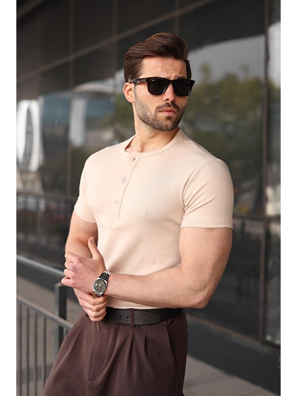 Madmext Bej Yarım Düğmeli Slim Fit Erkek Tişört E7186