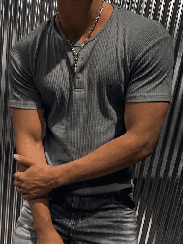 Oksit San Loe Erkek Slim Fit Elastanlı Henley Yaka Kısa Kollu Tişört - Düğmeli Esnek Kumaş