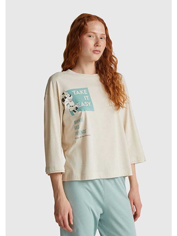 United Colors Of Benetton Kadın Krem Pamuk Karışımlı Baskılı Kısa Kollu Pijama üstü