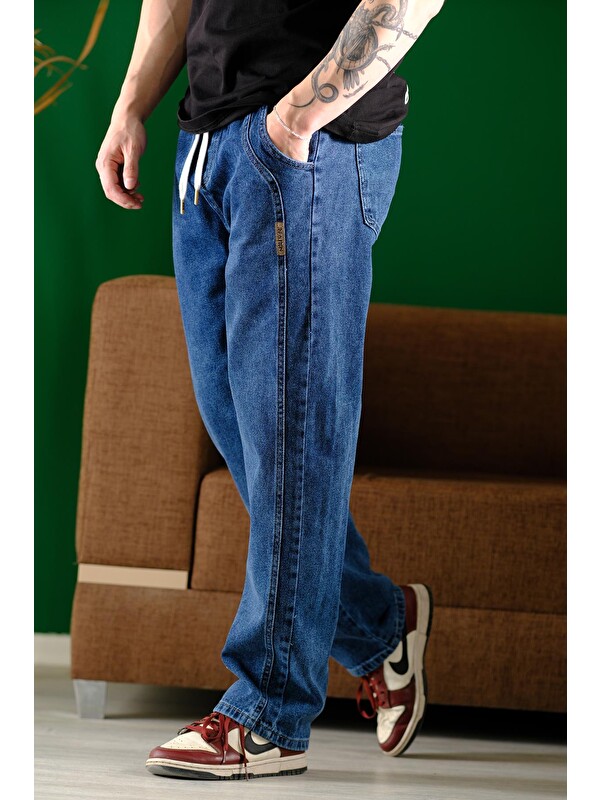 Oksit Reax Streetwear Beli Lastikli İpli Düz Paça Rahat Kesim Erkek Jean Pantolon