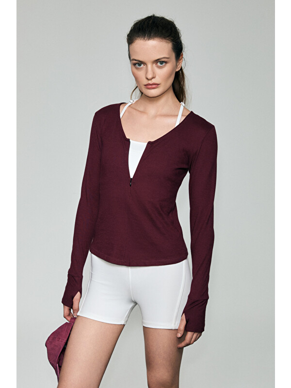 GRIMELANGE POLUNEA Kadın V Yakalı Önü Fermuar Kapamalı Vücuda Oturan Slim Fit BORDO Bluz