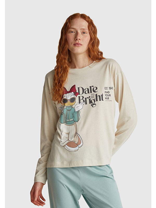 United Colors Of Benetton Kadın Krem Pamuk Karışımlı Baskılı Pijama üstü