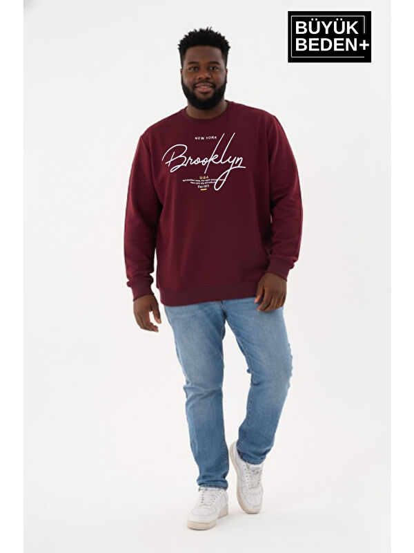 Süperlife Erkek Büyük Beden El Yazılı Brooklyn Baskılı Bisiklet Yaka İnce Sweatshirt SPR26BSW956-6